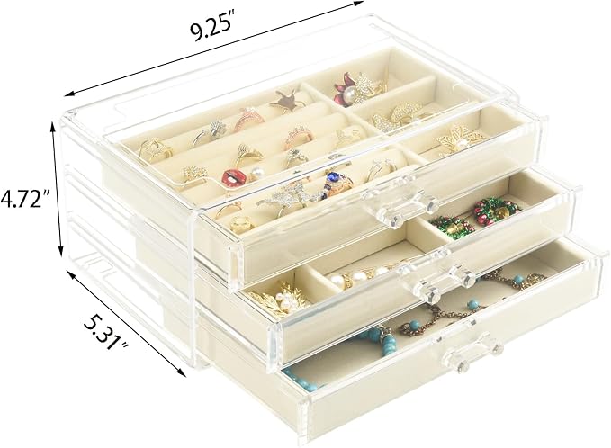 Weiai 3 Drawer Acrylic Jewelry Box Organizer Earring Storage Case Tray for Women