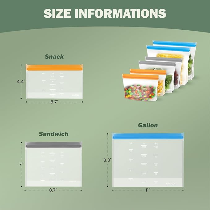 Dishwasher Safe Reusable Storage Bags Stand Up - BPA Free Reusable Sandwich Bags - Leakproof Gallon Freezer Bags for Marinate Meats, Salad Fruit - Multicolor 8 Gallon + 8 Sandwich + 8 Snack Bags