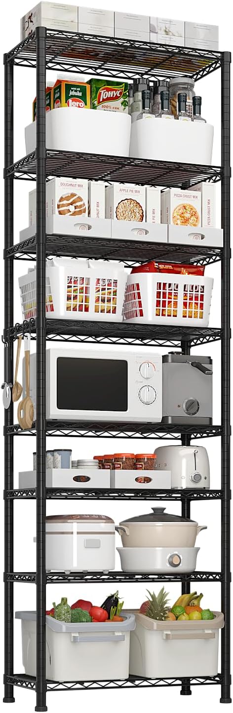 Karl home Segmentable 8-Tier Storage Shelving, Adjustable Metal Shelves Wire Storage Rack for Garage Kitchen Basement,1600LBS Capacity 78.74" H X 23.62" W X 13.78" D,Stainless S Hooks,Black