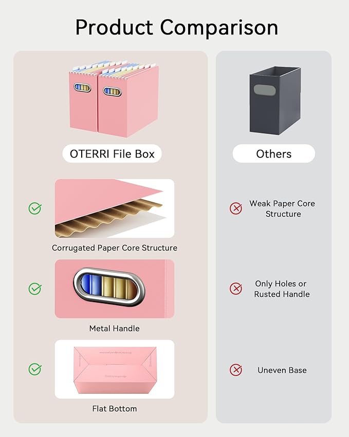 Oterri File Organizer Box, Portable Collapsible Cardboard File Folder Organizer with Handle for Letter Size Hanging Files, Document Storage Box for Home Office & Classroom (2 Packs, Pink)