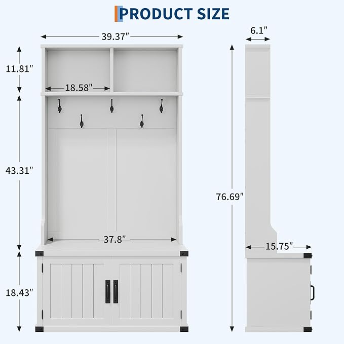 Garvee Farmhouse Hall Tree with Bench and Shoe Storage, 77" Tall Entryway Hall Tree w/ 5 Tri-Hooks Coat Rack, Mudroom Rack w/Bench & Door, Adjustable Shelf, 2 Top Cubbies Storage, Space Saving, White