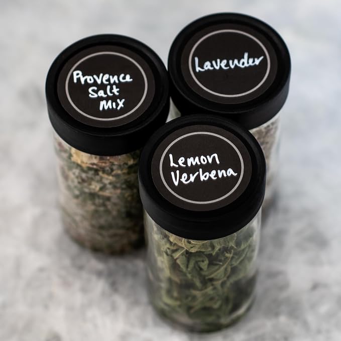 AllSpice 70 Black Water Resistant Round Spice Jar Labels Set 1.5"- Fits Penzeys and AllSpice Jars- Blank