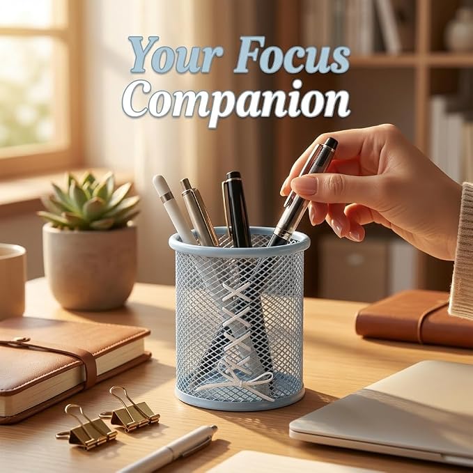 Pen Holder for Desk - Cute Ribbon Bow Wire Mesh Pencil Cup, Lace-up Desktop Organizer for Girls & Teens, Decorative Stationery Storage for Home Office (Blue)