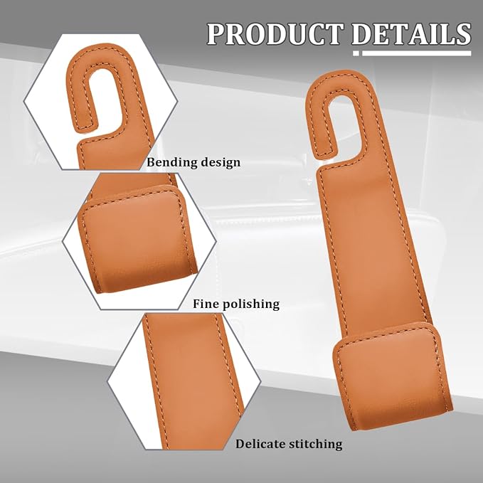 Osilly 2PCS Car Seat Headrest Hook, Leather Stylish Vehicle Backseat Hanger Organizer for Purse Handbag Umbrella, Automotive Seat Back Hanging Storage Holder Hook, Universal for Vehicles (Orange)