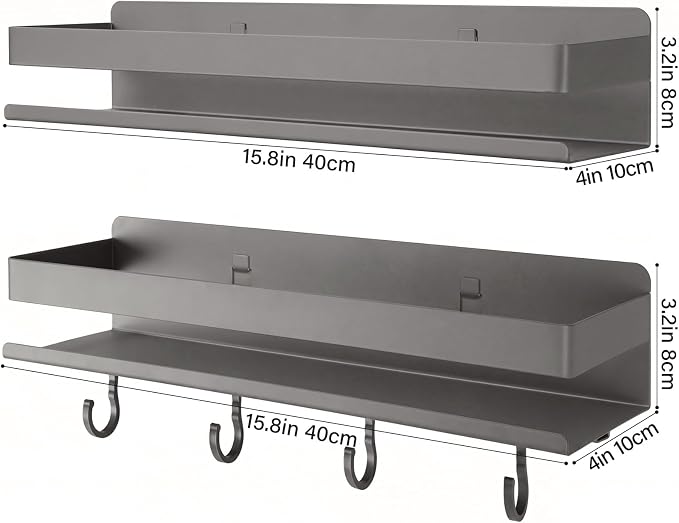 2-Pack Wall Mount Spice Rack,Easy to Install on the anywhere,Carbon Steel Kitchen Organizer with Hooks for Oil Salt Seasonings&Bathroom Toiletries,Grey