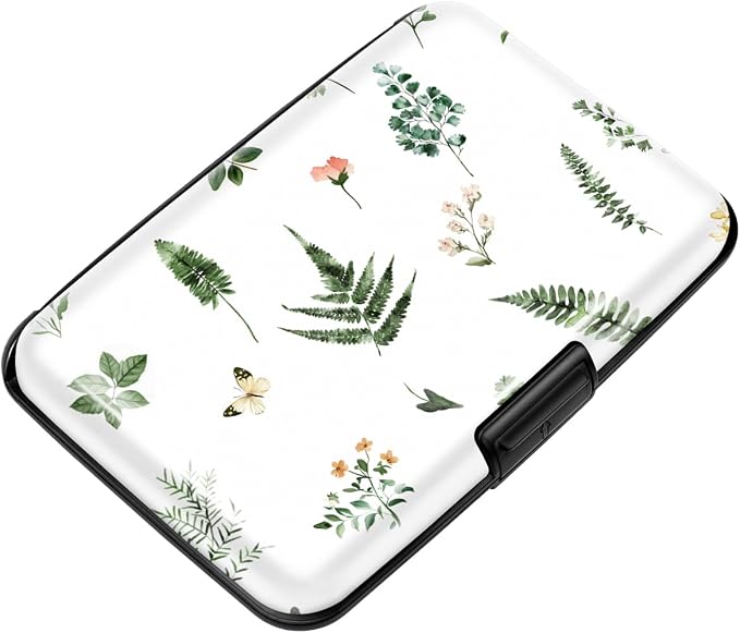 Coco Rossi Credit Card Holder RFID Aluminum Small Mini Wallet Women | Metal Wallet, Business Cards Holder, ID Case, Slim Sleeves, Womens Girls Gift, Carry Wallets for Travel, Green Leaves