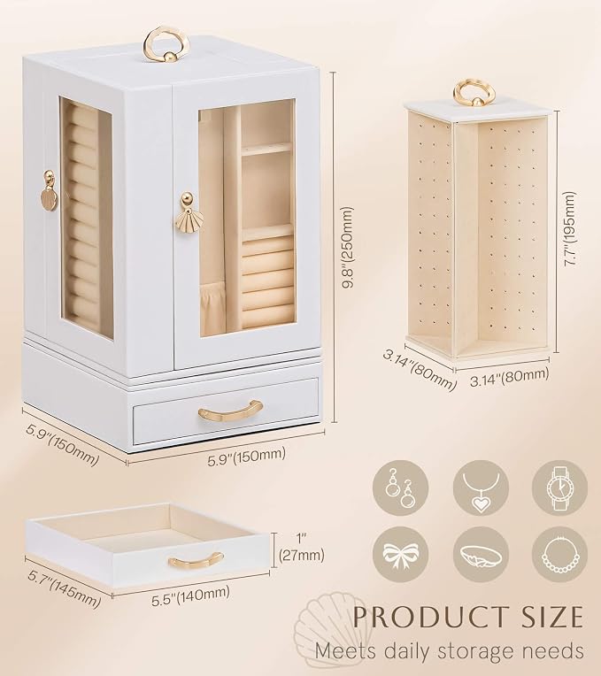 Enthralite Luxury Jewelry Box for Women: 360° Rotating with Clear Window | Compact Jewelry Storage with Drawer - Necklace Ring Organizer with Compartments - Elegant Earring Holder Display Great Gift
