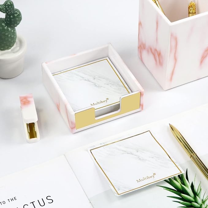 Marble Pink Acrylic Sticky Note Dispenser, 3.82×3.94×1.42 Inch | Fits 3×3 Inch Memo Pads, Holds Up To 300 Sheets, Desktop Organizer with Gold Trim, For Office Use & Daily Work Organization