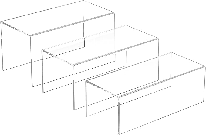 Sezanrpt Clear Display Risers Shelf 3pcs, Countertop Rectangular Acrylic Display Storage Organizer, Acrylic Stands for Funko Pop Figure, Cosmetics, Bags, Shoes, Toys, Collectibles - 12- 4'', 5'', 6''