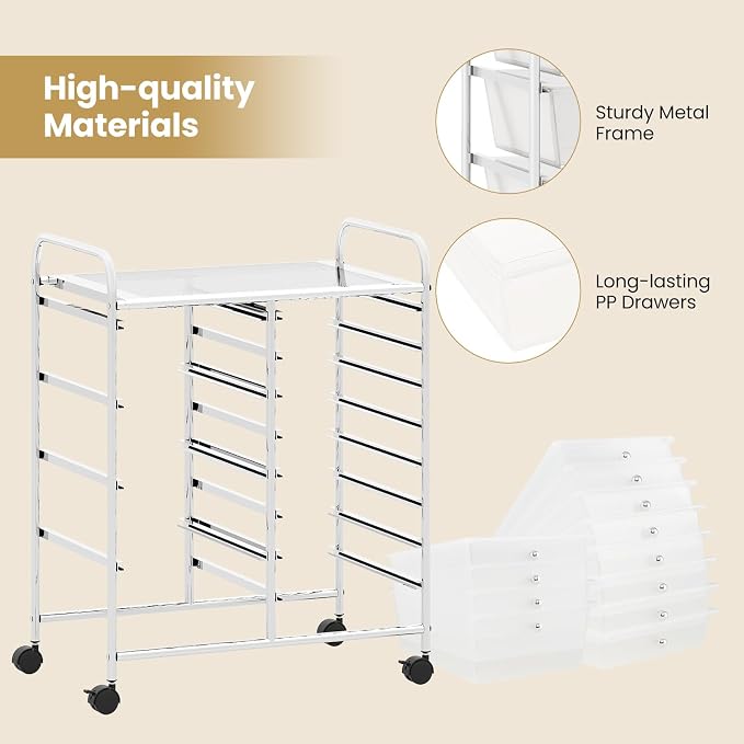 RELAX4LIFE 12-Drawer Rolling Storage Cart - Mobile Utility Drawer Carts with Wheels, Craft Organizers Cart for Organization and Storage, Classroom, School, Office, Home
