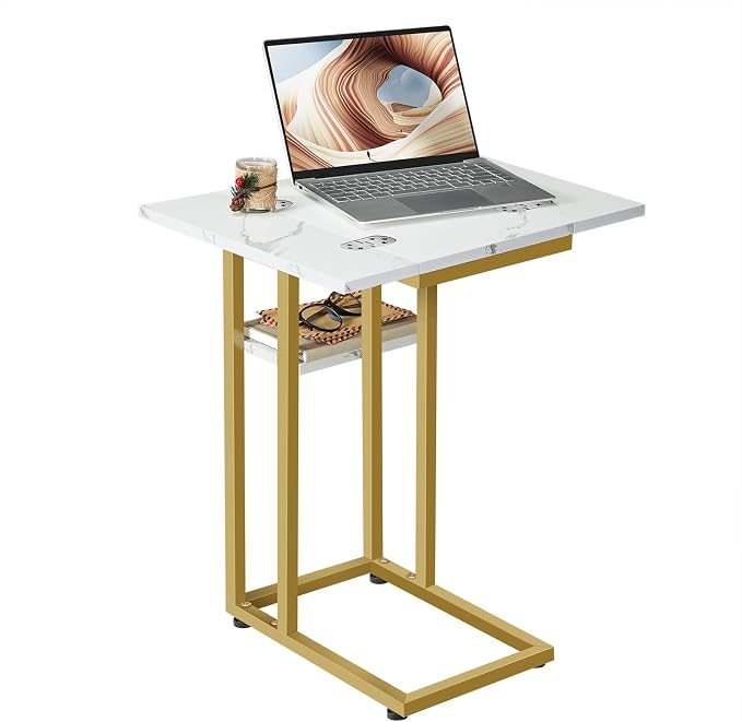 HOOBRO Foldable C Shaped End Table, C Shaped Side Table with Storage Shelf, Small Snack Table, Slide Under Couch Table for Sofa, Living Room Bedroom Small Spaces Easy Assembly, Gold DM29SF01
