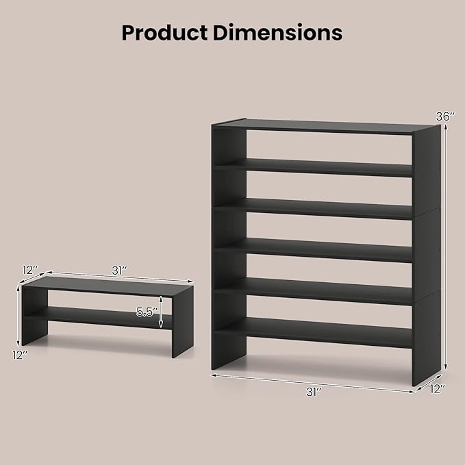 COSTWAY 6-Tier Shoe Rack, Extra Wide Shoe Shelf Organizer with Stackable Design, 31" Freestanding Adjustable Storage Shoe Stand for Small Space Entryway Hallway Closet (2,Black)