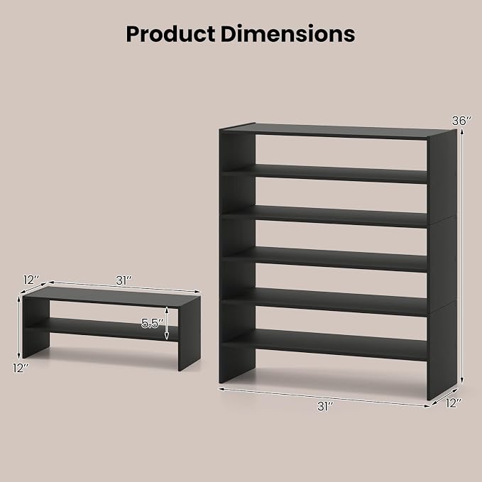 COSTWAY 6-Tier Shoe Rack, Extra Wide Shoe Shelf Organizer with Stackable Design, 31" Freestanding Adjustable Storage Shoe Stand for Small Space Entryway Hallway Closet (1,Black)