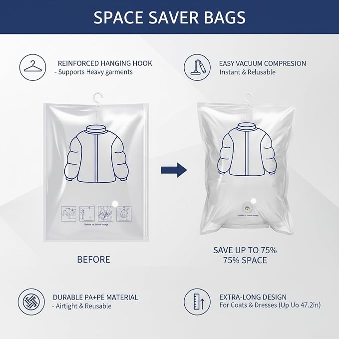 Hanging Vacuum Storage Bags for Clothes - Reusable PA+PE Space Saver Bag for Closet Organization, Fits Standard Rods (1 Pack, White)