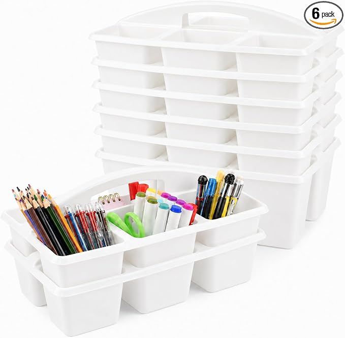 gisgfim 6 Pack Plastic Classroom Caddy with 6-Compartments Plastic Storage Caddies with Handle 6 Compartments Table Caddy Organizer Versatile Table Caddies for Classroom Office Storage, White