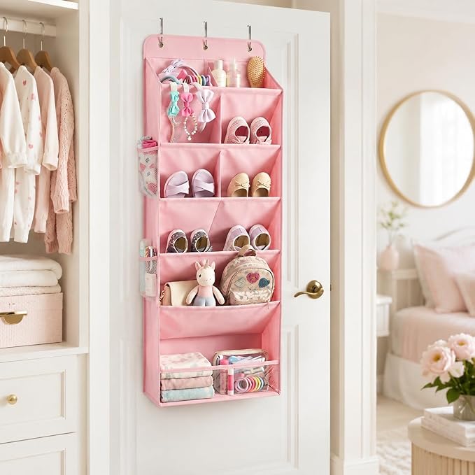 HOMELUX THEORY Hanging Shoe Organizer for Closet, 6 Tier Over the Door Shoe Organizer 120D Extra Thick with Deep Pockets, Shoe Rack for Closet & Entryway, with 4 Side Storage Pockets (Pink)