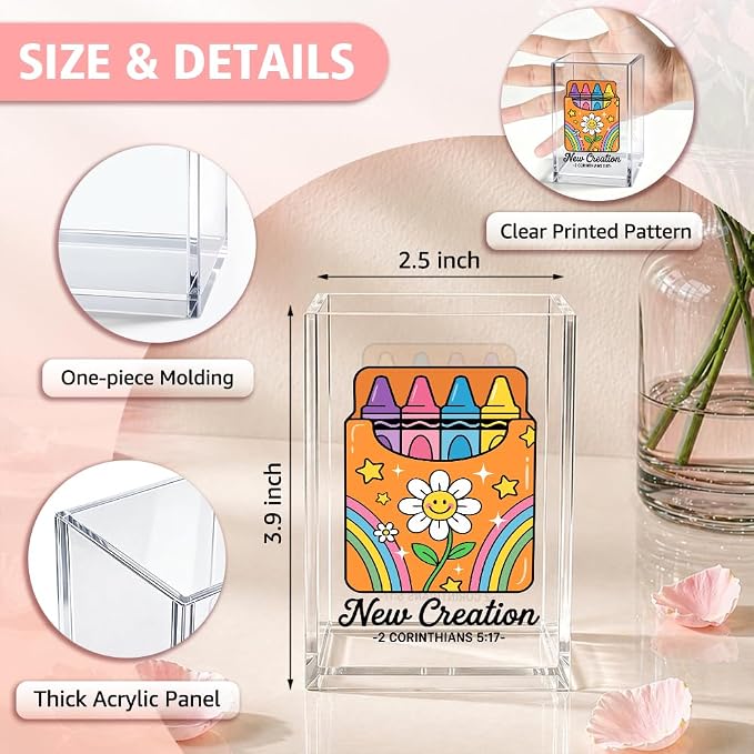 Funny New Creation 2 Corinthians 5:17 Acrylic Pencil Holder Cup | Christian Daisy Crayon Pen Holder Gifts for Women Friend Coworker Boss Teacher, Bible Verse Home Office Desk Accessories