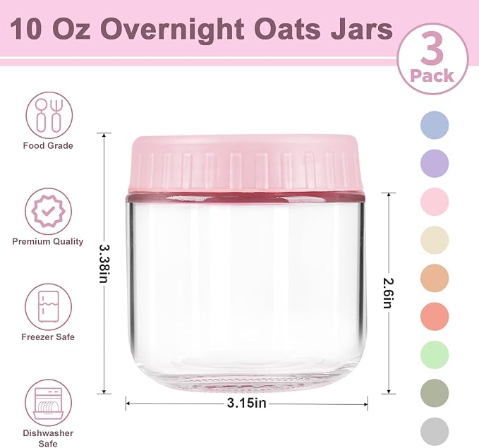 Overnight Oats Containers with Lids, 10oz Wide Mouth Mason Jars with Lids, 3 Pack Glass Jars with Airtight lid for Chia Pudding Yogurt Salad, Meal Prer Oatmeal Jars, Pink
