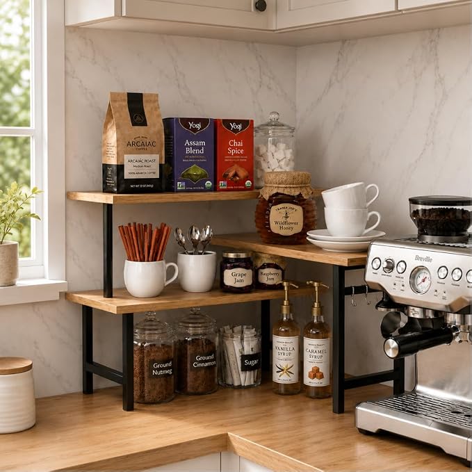 3-Tier Bamboo Corner Organizer Countertop Shelf | Extended top shelf, coffee bar organizer, kitchen counter corner shelf, bathroom vanity, spice rack, space saving bamboo