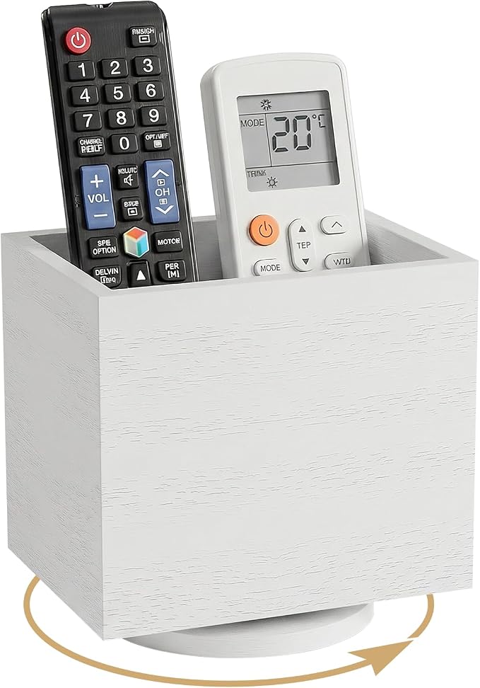 360° Rotating Remote Control Holder, Wooden TV Remote Holder for Table, Desk Organizer Caddy Media Storage Box for Living Room,Nightstand,Couch (White)