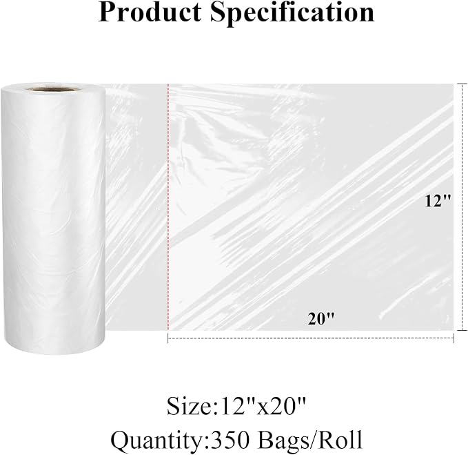 1 Roll Plastic Produce Bags for Groceries, 30x50cm(12x20in) Durable Clear Food Storage Bags for Bread, Fruits, Vegetables, Kitchen Disposable Plastic Storage Bag, 350 Pcs per Roll