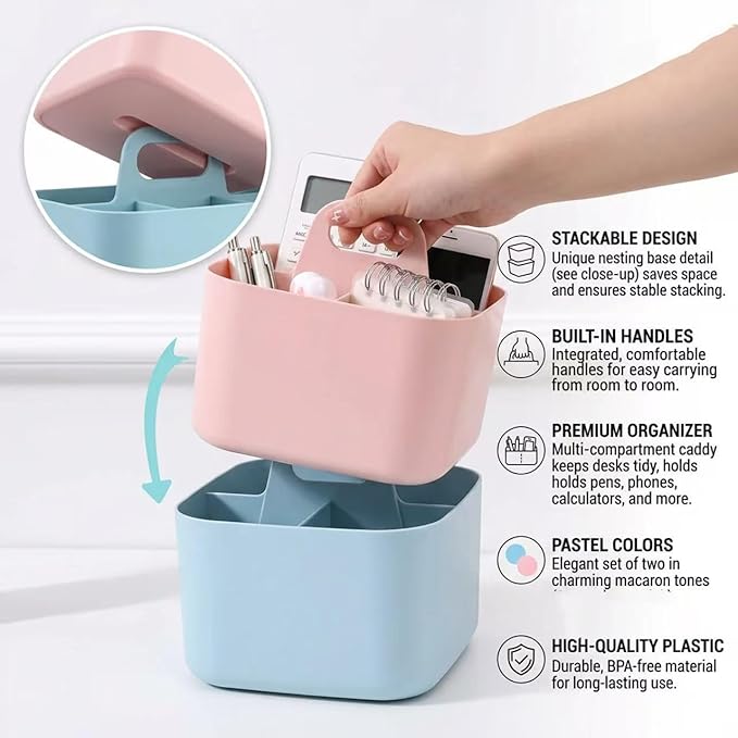 Stackable Portable Handheld Organiser,Multi-Purpose Desktop Divider Organiser Basket For Crafts Or School Supplies Desk,Office,Stationery Pencil Holder,Dorm Room (Small Size-Pink)