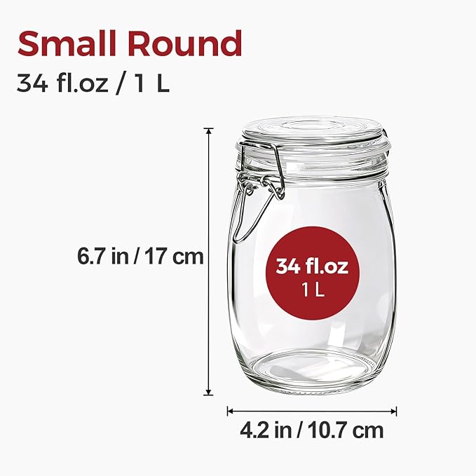 Glass Jars with Airtight Lids 34 oz 6 Pack Food Storage Pantry Round | Leak Proof,BPA-Free,Cereal Flour Sugar Rice Cookies Candy Nuts Snacks Dry Goods Storage, Pantry Organization, Pickling