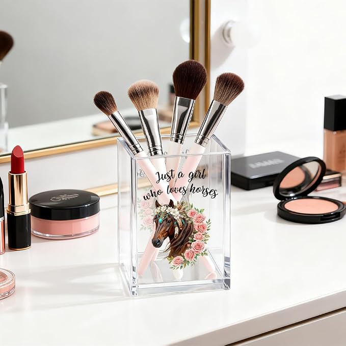 Just A Girl Who Loves Horses Acrylic Pen Holder Cosmetic Organizer, Funny Horseback Riding Pen Pencil Holders for Desk, Equestrian Gifts Makeup Brush Organizer, Horse Lover Desk Accessories