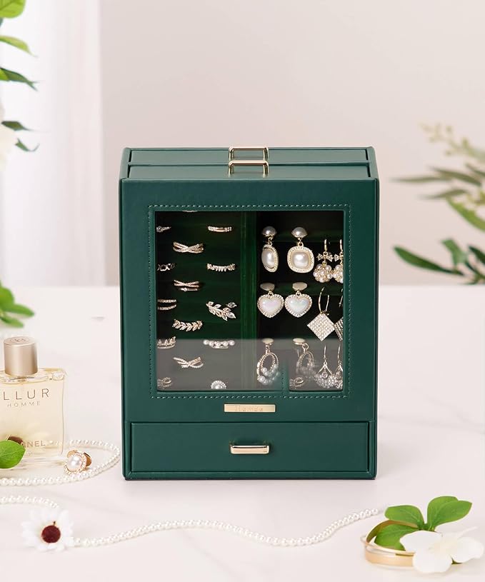 Homde Display Jewelry Box for Girls: Starter Organizer with Clear Window | Vertical Drawers for Earrings Rings Necklaces - Compact Footprint Fits Small Vanities - Birthday&Graduation Gift for Teens