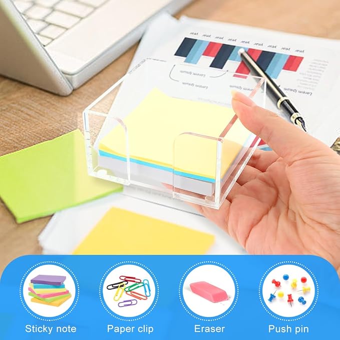 Acrylic Sticky Note Holder,3 x 3 Crystal Clear Acrylic Notepad Holder,Acrylic Sticky Note Dispenser Sticky Notepad Holder for Dorm Room and Office Desk Organizer