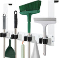 Over The Door Broom and Mop Holder, Heavy Duty Stainless Steel Organizer with 4 Slots and 3 Hooks, No Drilling Space Saving Tool Hanger for Kitchen, Laundry Room, Closet, and Garage - White