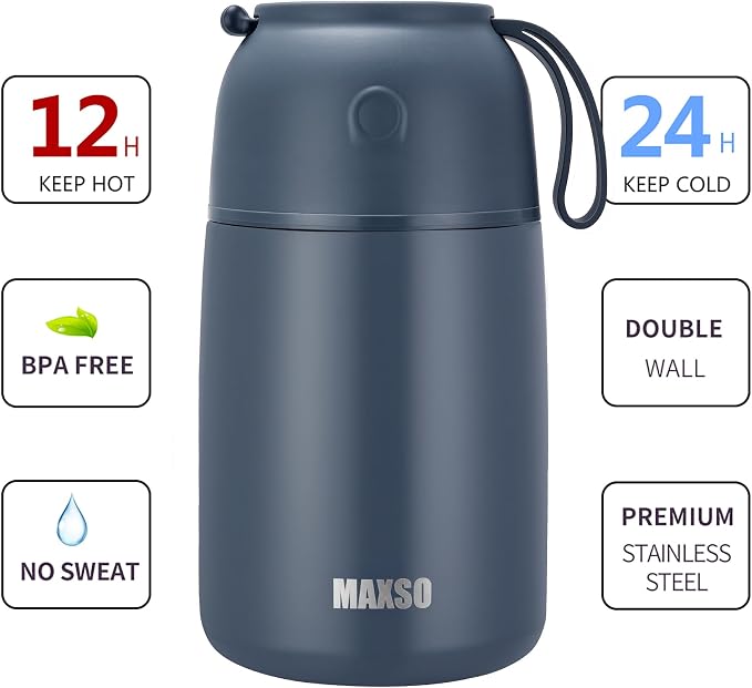 MAXSO 2 Pack Soup Thermo for Hot & Cold Food for Kids Adults, Vacuum Insulated Food Jar Thermal Lunch Containers, Travel Food Flask with Spoon (24 oz,17 oz) (Dusty Blue)