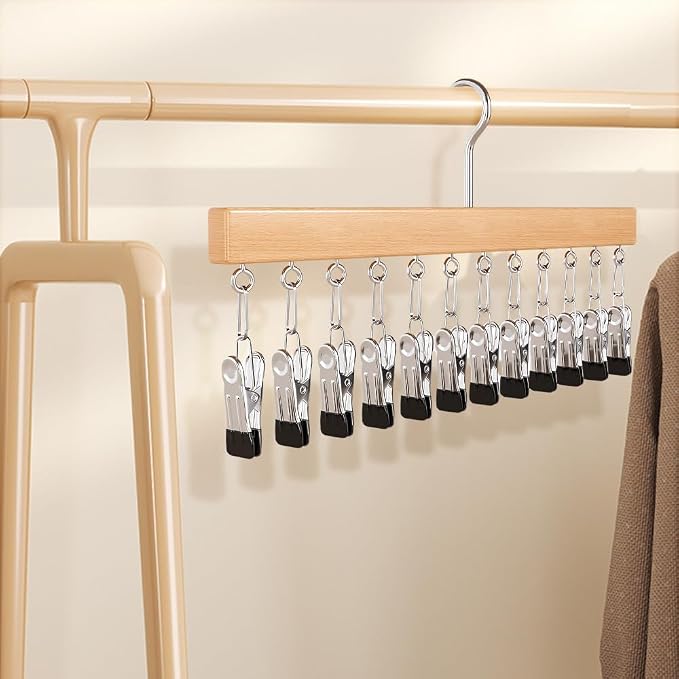 2026 Closet Organizer with 10 Clips, Space Saving Hanging Closet Storage for Hats, Scarves, Socks, Jeans, Skirts & Pants, Multi-Purpose Clothes Hanger with Clips (1PCS, Wood)