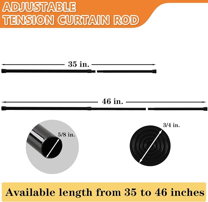 KXLife 4 Pcs Tension Curtain Rod 35 to 46 Inches, 5/8" Diameter Spring Curtain Rods, Black, Adjustable Expandable Pressure Window Tension Rod No Drill