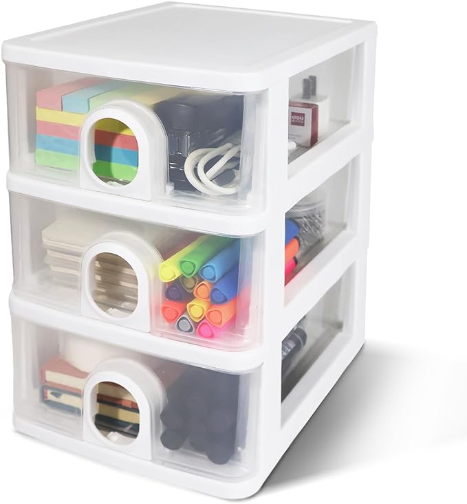 3-Drawer Clear Plastic Desk Organizer Small Stacking Storage Drawer | Organize Office Supplies, Stationery, Makeup, Craft materials, Accessories for Neat Desktop Storage (White)