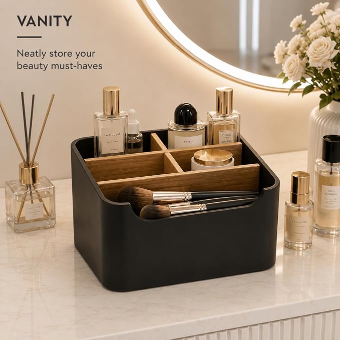 Remote Control Holder, Desk Organizer with Removable Dividers,Black | 5-compartment resin and wood organizer holds remotes, pens, glasses, and media devices for desk, coffee table, or nightstand