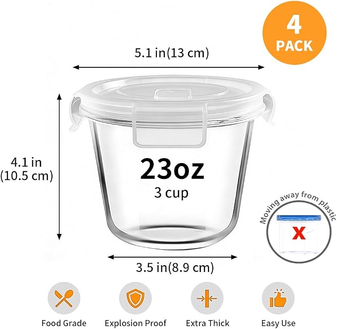 H.JSS WDJS 24 Oz Round Glass Food Storage Container set, 3 Cup Round Glass Soup Container with Airtight Lids BPA free, Borosilicate Storage Bowls, Dishwasher Microwave Freezer Safe (2 Pack)