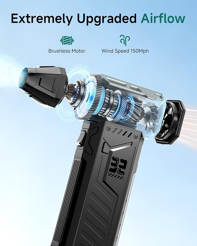 Electric Air Duster with 2 Swappable Battey Pack | 150,0000 RPM BLDC 150 mph Air flow, 3-Speed Compressed Air Duster for Dust/Snow Cleaning - 2-yr Warranty