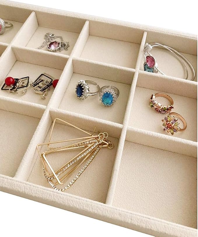 Beige Velvet Jewelry Accessory Organizer Tray 12 Compartment, Stackable Ring & Earring Display Tray, Removable Dividers, Slim Drawer Insert for Rings Earrings Small Jewelry, Dressing Table