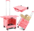 FELICON SELORSS Folding Utility Cart Portable Rolling Crate Handcart-Pink | Magnetic Sliding Lid+Lockable Transparent Front Panel,Telescoping Handle,4 Swivel Wheels Tote for Travel Shop Office Teacher
