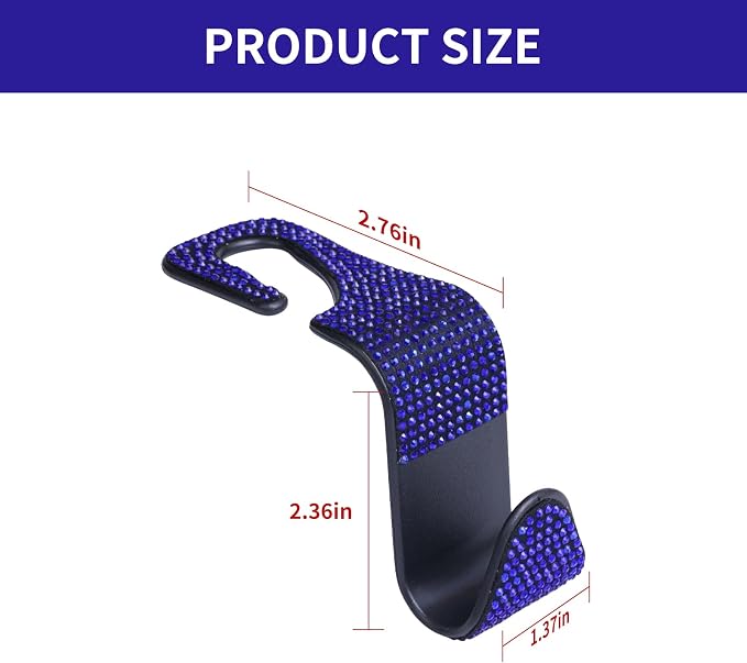 4PCS Bling Car Seat Headrest Hooks, Vehicle Back Seat Purse Handbag Hanging Holder with Crystal Rhinestone, Diamond Storage Organizer Hook,Bling Car Accessories for Women (Blue)