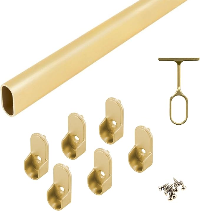 Closet Rod Kit - Oval Rod, 92 inch (2337mm) long with 6 end caps and center support. (Matte Brass)