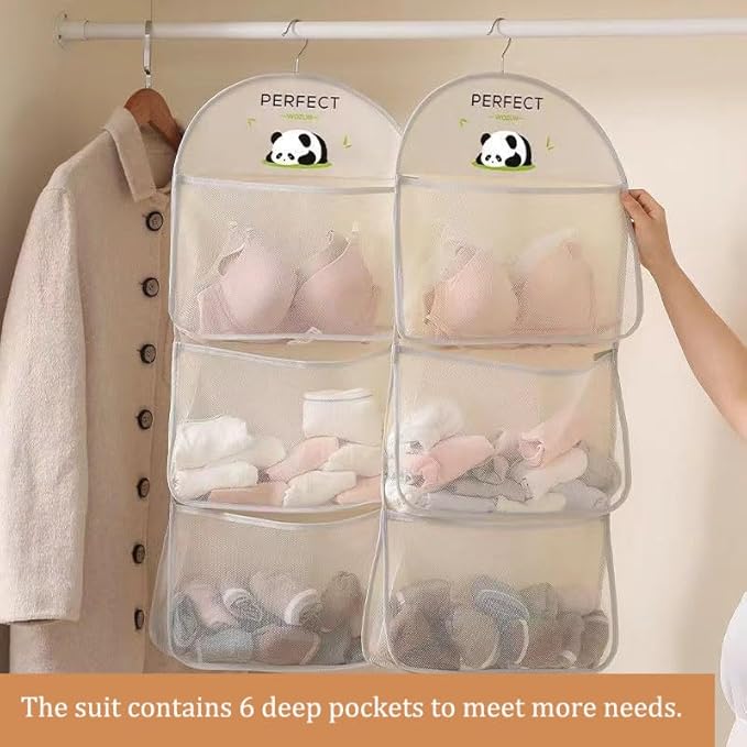 MIUPOO Multi Purpose Multi Layer Mesh Storage Hanging Bag,Hanging Storage with Metal Hanger Mesh Pockets for Bra Underwear Socks,Pockets Hang Store Bag for Door Wall Closet,2 Pieces.
