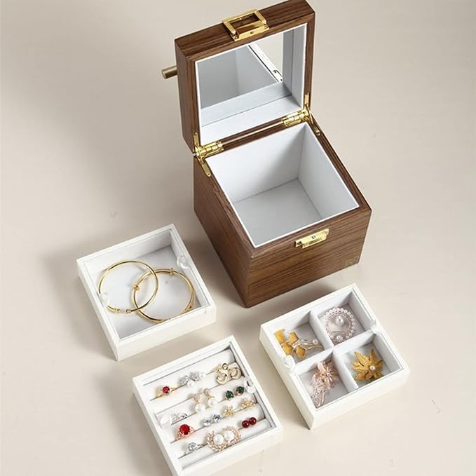 Storage Bins Large 3-Layer Wooden Jewelry Box Luxurious Earring Necklace Desktop Cosmetic Storage Box with Portable Handle and Safety