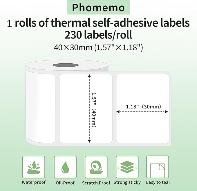 Phomemo Thermal Labels-for M110/M100/M220/M221/M108,1.57"x1.18"(40x30mm),Name Labels for Kids/School, 230 Labels/Roll, for Barcode/Address/Mailing/Logo/Business/Home | Square Name Stickers for Kids/School, 1 Roll, for Barcode/Address/Organization/Logo/...