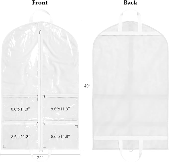 KEEGH 40 inch Clear Garment Bags for Dance Costumes, 6 Pack,White | 4 Zipper Pockets, for Dance Competitions, Ballet, Theatre, Dance Garment Bags for Dancers, Hanging Clothes for Closet Storage