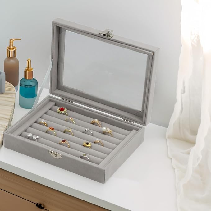 Fordonral Velvet Jewelry Organizer Box, Jewelry Drawer Organizers Trays, Earring Ring Necklace Holder Display Case (Gray, Ring Box)