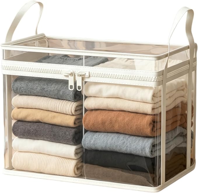 Large Clear Thick Plastic Storage Box with Hinged Lid, Heavy-Duty Durable High Capacity Organizer, Foldable Storage Box,Perfect for Home, Camping, Travel, Attic & Moving (White-L-1)