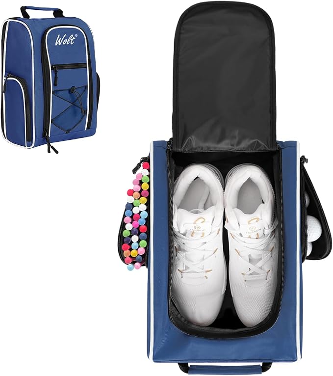 Wolt |Golf Shoe Bag for Travel- Zippered Shoes Carrier Bags with Ventilation & Double Outside Accessory Pocket for Socks, Tees, Golf Balls, Etc. for Women and Men (DarkBlue)