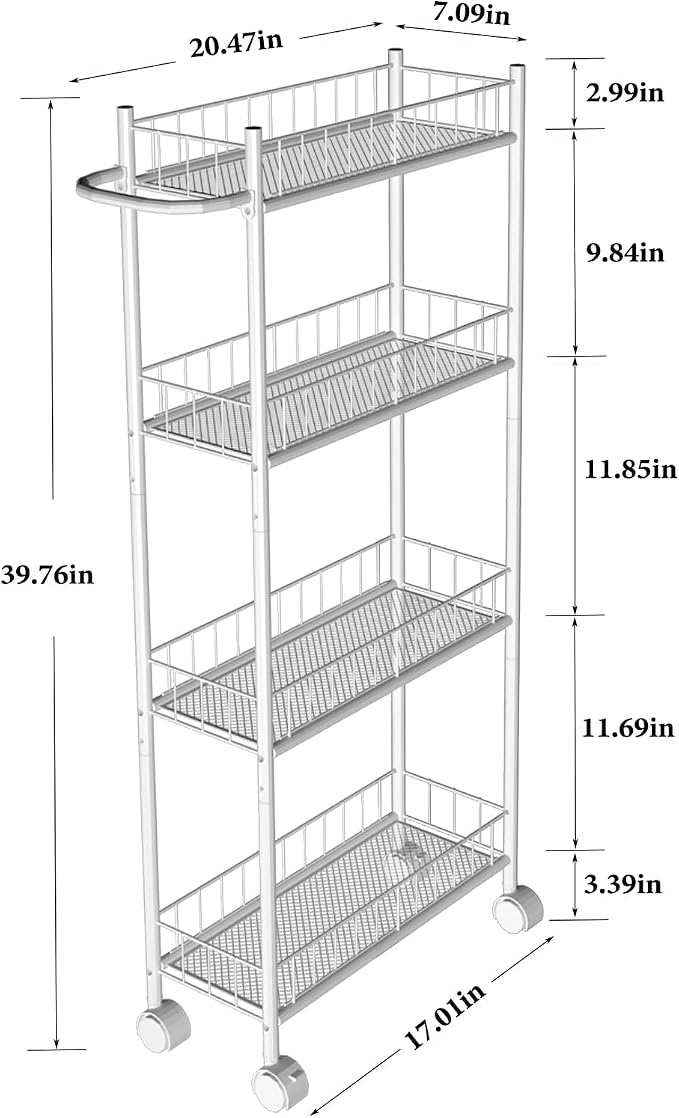 Utility Slim Storage Cart, 4-Tier Storage Cart, Narrow Cart with Handle, 7.1 Inches Deep, Metal Frame, for Kitchen, Dining Room, Living Room, Home Office, Rustic Brown and Classic (4 Tier White)